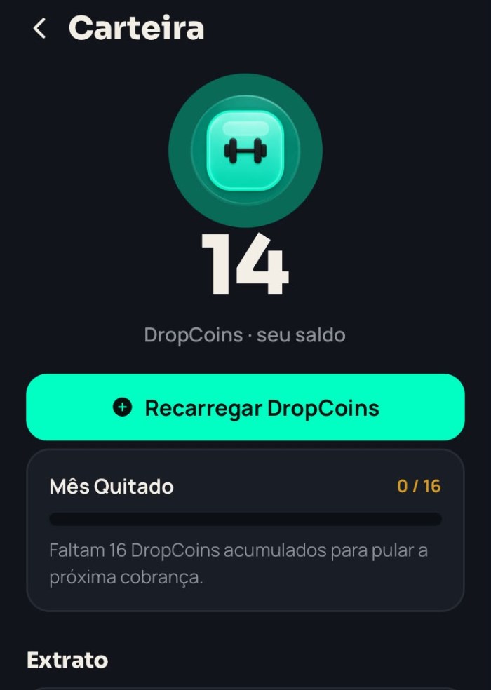 Carteira do app: saldo em DropCoins, recarga e a barra do Mês Quitado.