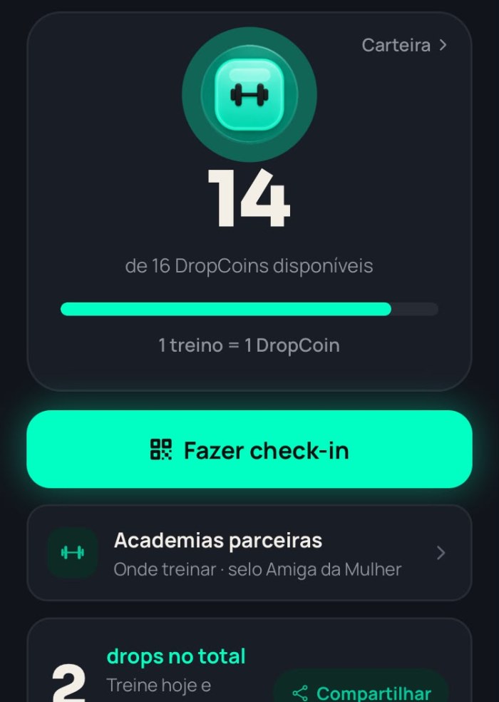 Tela inicial do app: 14 de 16 DropCoins disponíveis e o botão Fazer check-in.