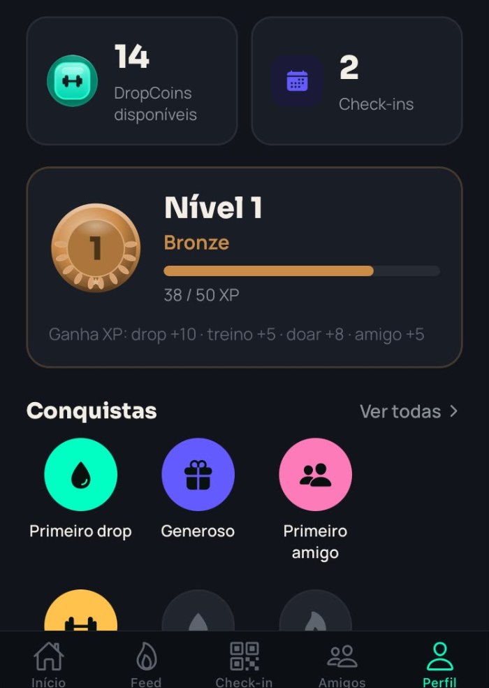 Perfil do app: nível, barra de XP e as conquistas desbloqueadas.